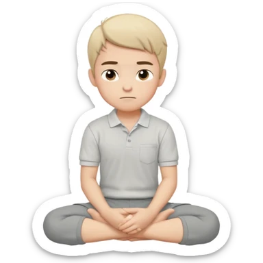 Cartoon boy sitting cross-legged, his fist pressed to his cheek, wearing a white polo and gray pants. He has a smug smirk, eyes looking forward. Clean lines, flat colors, solid black background, vector art, character sheet style. sticker