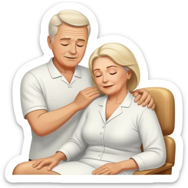 60-year-old white man massaging 60-year-old woman using oil sticker