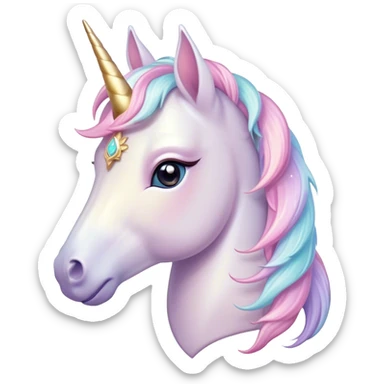 Cinematic Noble Unicorn Pony Portrait Emoji, Poised and graceful, with a delicate, miniature equine build adorned with a soft, pastel color, a tiny, shimmering horn and a silky mane that hints at magical charm, Simplified yet sharp and sophisticated features, highly detailed, glowing with a soft, enchanted glow, high shine, intelligent and spirited, stylized with an air of fairy-tale elegance, focused and poised, soft glowing outline, capturing the essence of a watchful and confident unicorn pony that appears ready to trot out of the screen with graceful magic! sticker