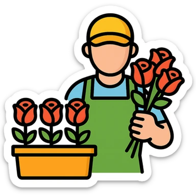 rose farm emoji showing a worker grading roses and bunching them together, colorful outlined icon style sticker