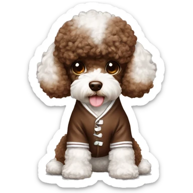 Chocolate brown and white toy poodle wearing pajamas sticker