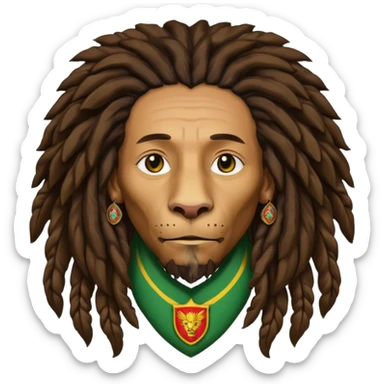 old melancholic  Bob Marley with gigantic dread locks in form heraldic crest with ethiopian lion sticker