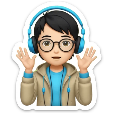 Chibi Japanese boy with black hair and round glasses, big headphones, vibing hard to electronic music, strong beat pulse lines around him, neon glow, exaggerated cartoon style, streaming emote. sticker