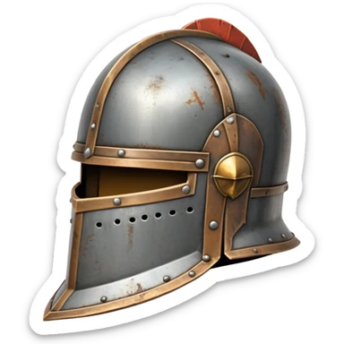 antique medieval knight helmet with light rust patches and weathered metal sticker