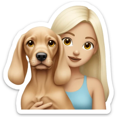 Pretty tan girl with long white blonde hair with vizsla puppy sticker