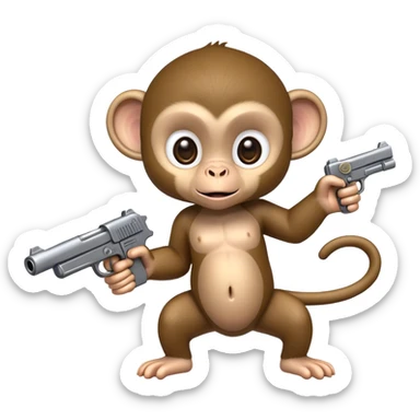 Forward perspective of a baby monkey holding a fake gun. The fake gun is horizontal and pointed straight forward  sticker