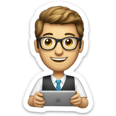 male virtual assistant with a smiling  holding a digital tablet or stylus wearing eye glasses sticker