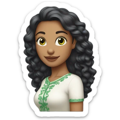 Sofia: corpo esguio, pele branca, cabelos morenos. Beleza e carisma únicos, presença irresistível, corpo inteiro, usando um vestido médio verde sticker