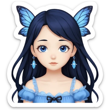 Gothic anime fairy with long beautiful black hair and blue dress, pastelcore, sticker