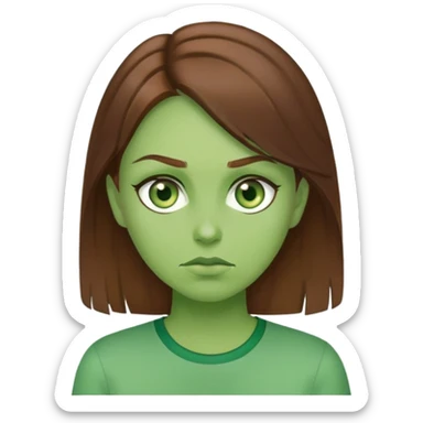 A woman with brown hair green eyes green shirt with green skin Jeal sticker
