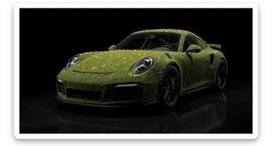 Closeup shot of a porsche 911, body of car made of grass and flowers, black solid studio background, very dark room, top low key light, dutch angle, captured by ARRI 65 sticker
