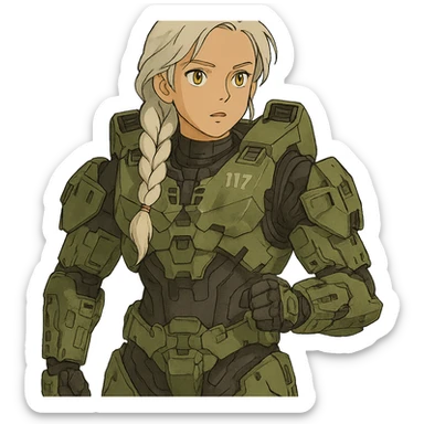 female, wearing reach spartan armor default, long white braid hair, gold yellow eyes, attention pose, halo series, no helmet sticker