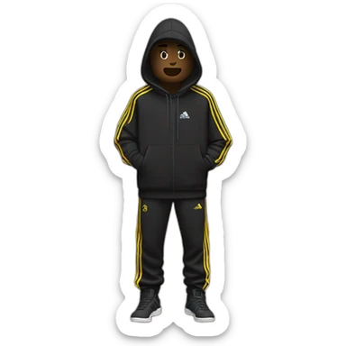una hombre morocha sentada con un conjunto adidas negro sticker