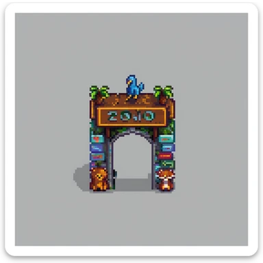 pixel art style zoo entrance sign with animals sticker