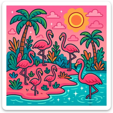 a whimsical pink paradise island with flamingos, tropical plants, and sparkling water, in four distinct visual interpretations sticker