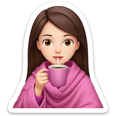 Brunette girl in pink blanket drinking coffee sticker