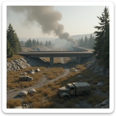  a screenshot of a location in a videogame  the image of the scene consists of:  [above-ground freeway partially collapsed], a wooded area, a small field of wheat, sandbag barricades. distant smoke. uneven terrain, derelict vintage work trucks, more distant smoke. polluted and war-torn sticker