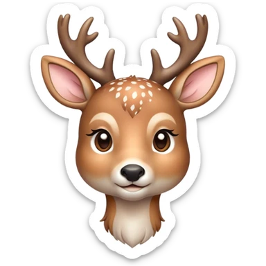 Cinematic Cute Deer Portrait Emoji, Head tilted playfully and inquisitively, showcasing a delicate Fur speckled with subtle white spots and gentle earth tones, round, sparkling eyes filled with curious wonder, Simplified yet irresistibly adorable features, highly detailed, glowing with a warm, friendly glow, high shine, affectionate and graceful, stylized with a touch of woodland whimsy, bright and endearing, soft glowing outline, capturing the essence of a mischievous yet loving fawn, so playful it feels like it could skip out of the screen into your arms! sticker