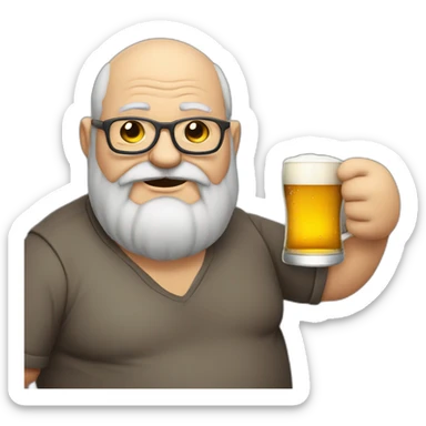 fat old man full body with gray beard and without hair, using eye glass, drinking beer sticker