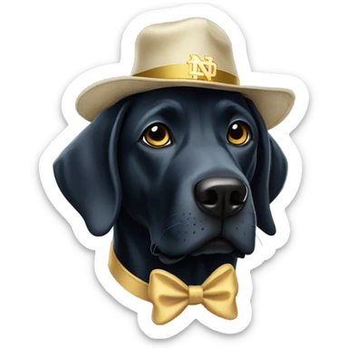 Black Labrador wearing a notre dame hat sticker