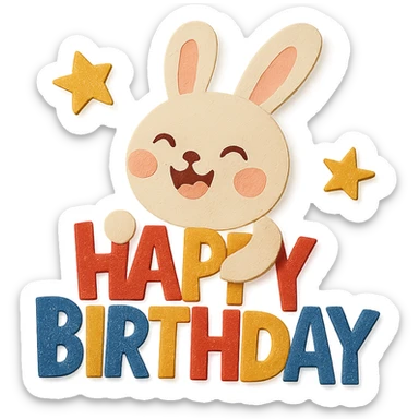 laughing bunny hugging "Happy Birthday" letters with stars, paper-craft style, transparent background sticker