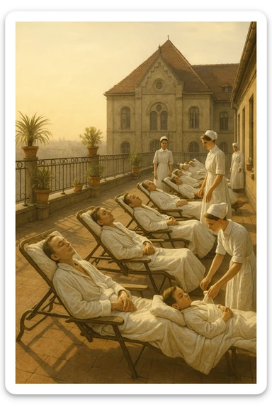 A realistic, historical cinematic illustration of a hospital rooftop solarium from the early 1900s, with patients in white robes and blankets lying on lounge chairs under the sun, receiving heliotherapy. Nurses in classic white uniforms and caps assist quietly, while the warm sunlight bathes the scene. The architecture is vintage, with iron railings, potted plants, and the backdrop of an old European hospital building. The atmosphere is calm and healing, showing patients with tuberculosis, rickets, and malnutrition benefiting from the sun’s rays to stimulate vitamin D production. The color palette is warm, with soft yellows and gentle sunlight, evoking a sense of hope and natural healing, reminiscent of historical black-and-white photographs with subtle colorization for realism sticker