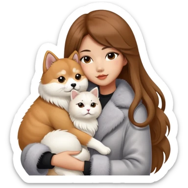 A Chinese fashion girl with brown hair, wearing a light gray fur coat, hugging a Shiba Inu and a long-haired white Persian cat. sticker