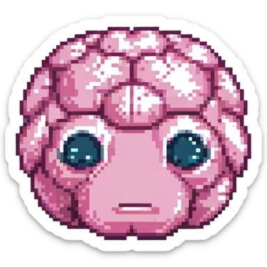 16-bit pixel art of a pink brain-shaped blob with sad droopy eyes and downturned mouth, smooth rounded brain texture, simple retro gaming style sticker