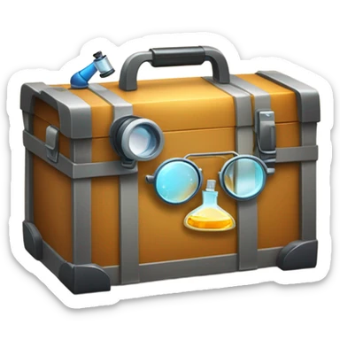 toolbox for scientist with a book, glasses, microscope sticker