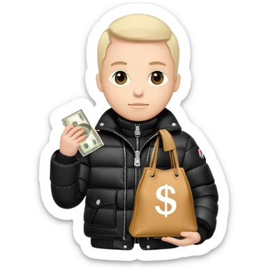 person wearing a black moncler jacket with a bag of money sticker
