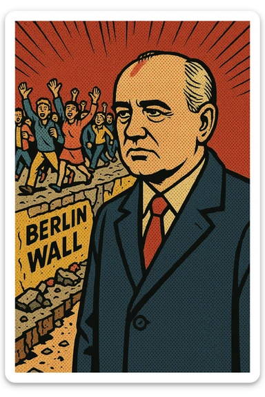 Mikhail Gorbachev standing in front of the Berlin Wall in 1989 which has fallen down.  There are people cheering in the background walking from East Berlin to West Berlin. sticker
