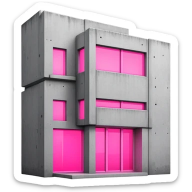 Minimalist concrete building with one window glowing bright pink, brutalist architecture sticker