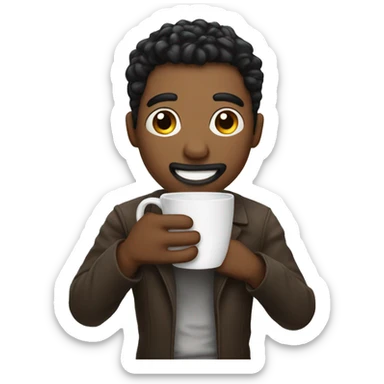 Man holding a Coffe cup with black hais sticker