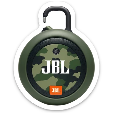 Super simplified JBL Clip 4, basic round speaker with hook, minimal green camouflage pattern, clear JBL logo, iOS emoji style sticker