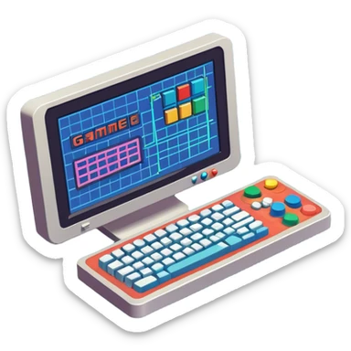 Professional icon for Game Design: a computer screen with a game interface, 3D models, pixel art, wireframe, and design tools like a grid and stylus. Gamepad. The icon should represent the technical and creative aspects of game development. Transparent background. sticker