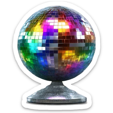 A glittering silver disco ball with detailed mirrored panels reflecting rainbow colours. Add beams of light radiating outward against a dark background.   sticker