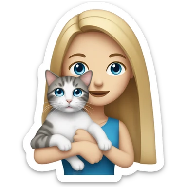 White Woman with blue eyes and long dark hair holding a tabby cat sticker