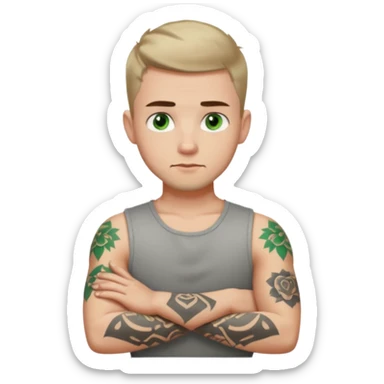 White young man with short dark taper fade hair cut and slight goatee and neutral expression with his arms folded. Green eyes and arm tattoos sticker