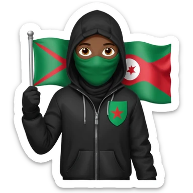 fait une personne habiller tout en noir avec une veste et une capuche et une cagoule qui tient un drapeua d'algerie dans sa main droite sticker