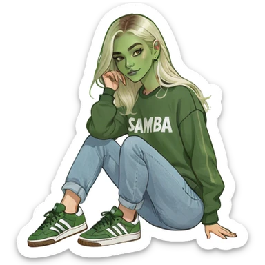 Girl with very long whitish blonde highlighted hair parted down the middle wearing denim jeans and adidas samba og sneakers with a brown sweatshirt sticker