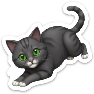 solid dark grey cat with green eyes, completely solid grey face, white toes/paws playing rolling upside down sticker