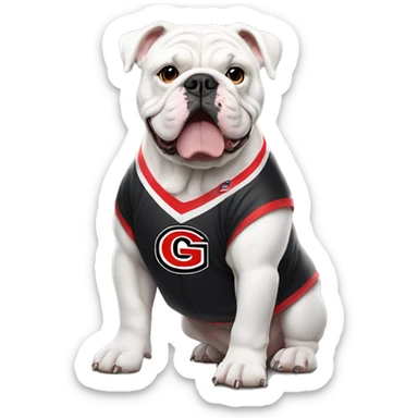 White English bulldog wearing a Georgia jersey sticker