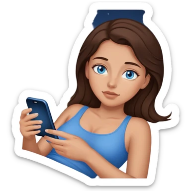 Brunett white girl with blue eyes, laying In bed at night , using her iPhone sticker