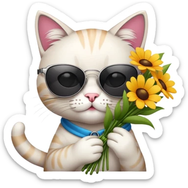 cat wearing sunglasses holding a bouquet of flowers sticker