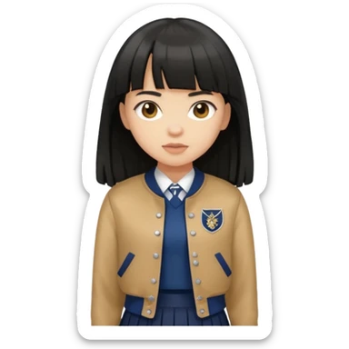 hair : black long hair with fringe 
skin : light 
cloth : brown varsity jacket + navy long long school girl skirt 


 sticker