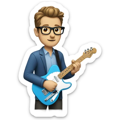 A nerdy white guy with glasses with short brown hair with a small quiff playing a blue classic telescaster sticker