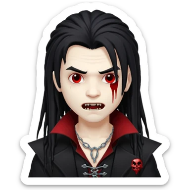 Boy, vampire, black long hair similar to dreadlocks, bloody fangs, emo sticker