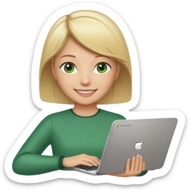 short blonde hair teacher green eyes woman happy holding chromebook sticker