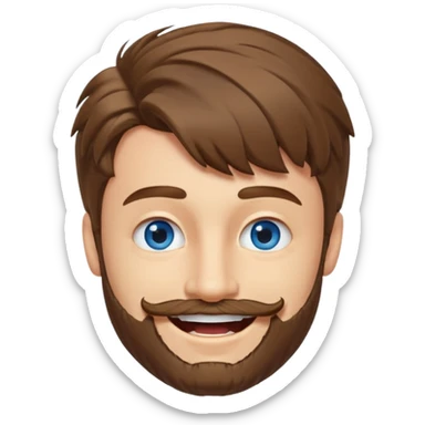 25 year old man, short scruffy beard and sparse moustache, brown puffy mullet, blue eyes, big smile, white teeth, big lips, pronounced jaw, hair longer in back, sticking up on top sticker