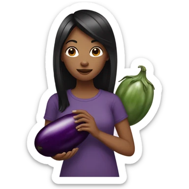 girl with black hair holding a eggplant  sticker